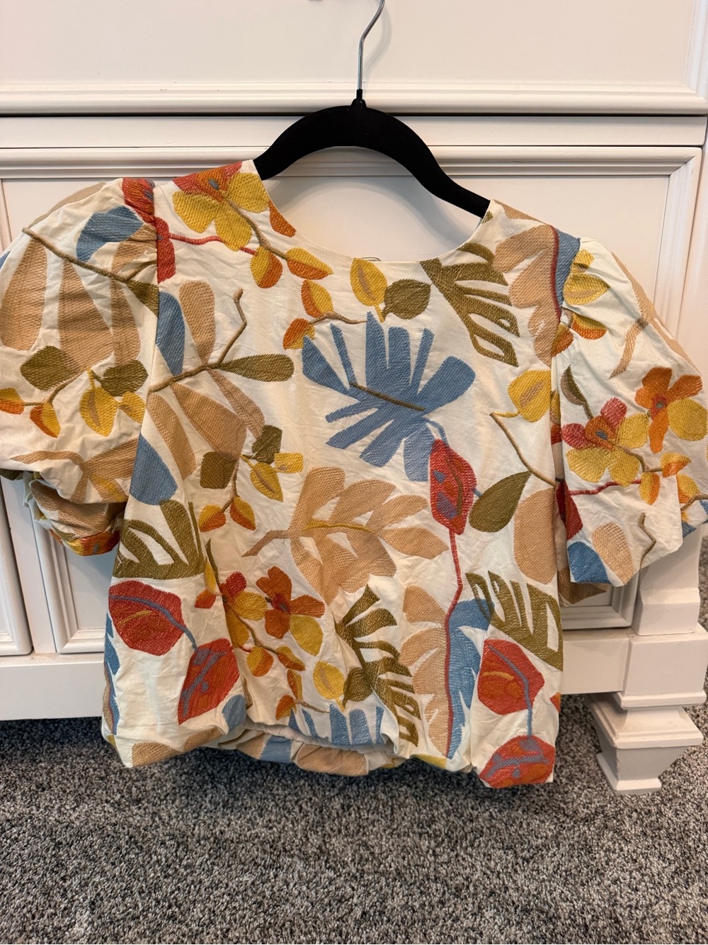 Greylin Leaf-Print Puff Sleeve Top in Cream, Blue & Mustard